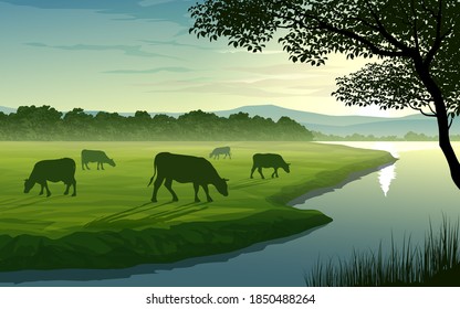 Illustration of grazing cows in field with river