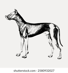 Illustration of a Great Dane, showcasing its large, muscular build. The Great Dane stands tall, highlighting its strong, elegant posture. Great Dane sketch. Vintage dog illustration isolated, vector.