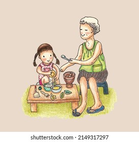 illustration of great grandmother and granddaughter playing happily