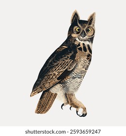 Illustration of a great horned owl with detailed feathers. The owl stands with its talons visible. The owl's eyes are large and its ears are prominent. Vintage bird illustration vector.