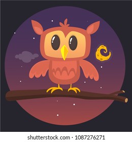 Illustration of a great horned owl on a branch silhouetting the full moon. Eps 10 Vector.