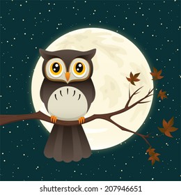 Illustration of a great horned owl on a branch silhouetting the full moon. Eps 10 Vector.