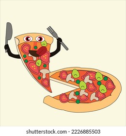 illustration Great Italian pizza with one slice of pizza holding a knife and fork and with an adorable expression ready to be enjoyed