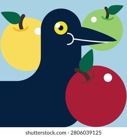 Illustration of a great tailed grackle and apples