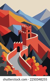 illustration great wall of china beautiful landscape, world famous chinese  landmark vector flat color poster tourism attraction