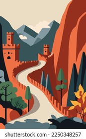illustration great wall of china beautiful landscape, world famous chinese  landmark vector flat color poster tourism attraction