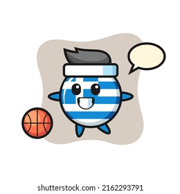 Illustration of greece flag badge cartoon is playing basketball , cute style design for t shirt, sticker, logo element