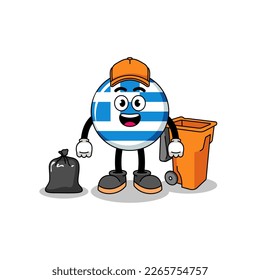 Illustration of greece flag cartoon as a garbage collector , character design