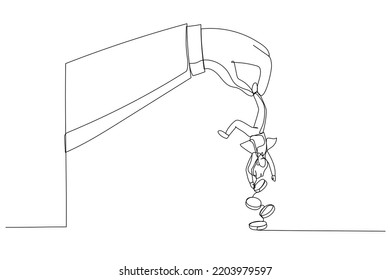 Illustration Of Greed Businesswoman Hold Small People Shaking To Get All Their Money. Metaphor For Tax Hike, Government Increase Tax Or Steal Money From People. Single Line Art Style
