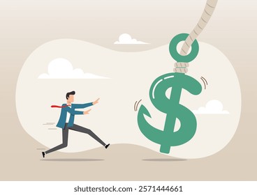 An illustration of greedy businessman investor running to catch money US Dollar sign with hidden phishing bait. Ponzi scheme stealing money from greedy people concept