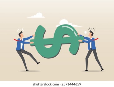 An illustration of greedy businessmen company owner or worker pulling tug of war money dollar sign with full effort. Business competition: fight for market share or work conflict concept