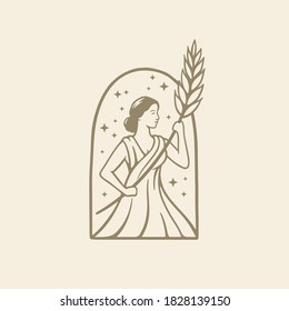 Illustration Greek Goddess In Ancient Roman Religion And Myth Hold Wheat. Beer, Bakery Or Beauty Logo Design Template