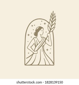 Illustration greek goddess in ancient Roman religion and myth hold wheat. Beer, bakery or beauty logo design template