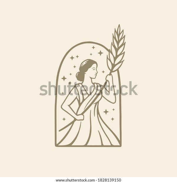 Illustration greek\
goddess in ancient Roman religion and myth hold wheat. Beer, bakery\
or beauty logo design\
template