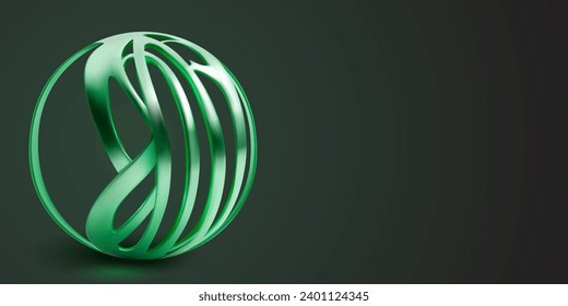 Illustration with green abstract object made of interlaced thin plates, curved and intertwined in the shape of a sphere, with shadows on a dark background