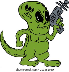 Illustration of a green Alien looking dinosaur holding a ray gun on isolated background done in cartoon style.