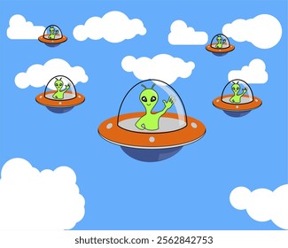 Illustration of a green alien waving from a UFO in a clear blue sky. White clouds move, creating a cheerful atmosphere. Ideal for creative children's animation projects, fantasy or science fiction.