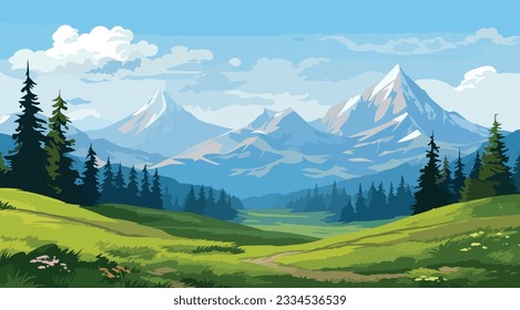 Ilustración de un paisaje alpino verde