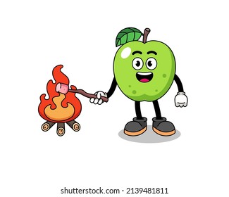 Illustration of green apple burning a marshmallow , character design