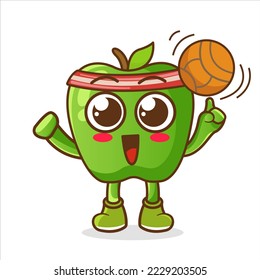 Illustration of green apple cartoon is playing basketball