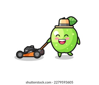 illustration of the green apple character using lawn mower , cute style design for t shirt, sticker, logo element