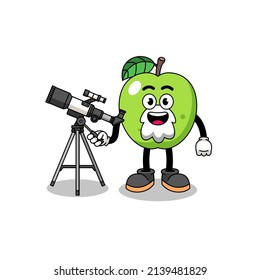 Illustration of green apple mascot as an astronomer , character design