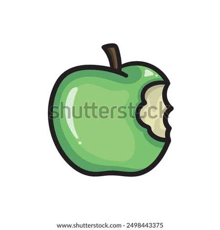 An illustration of a green apple with a single bite on a white background