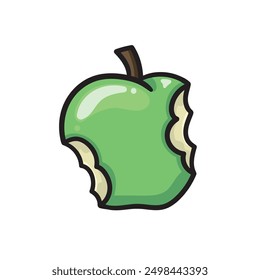 An illustration of a green apple with two bites on a white background