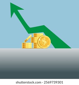 Illustration of a green arrow icon with a rising indicator. Financial profit concept.