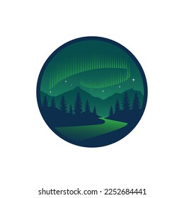 Illustration of Green aurora light with mountain tree river environment design for badge, sticker, logo 