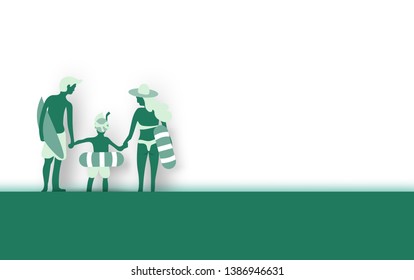 illustration of Green background happy family having fun playing swim.Landscape with white beach.Summer season and Environment concept.Creative design paper art and craft style,cut,summertime,vector