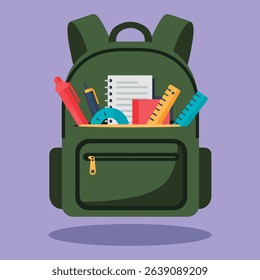Illustration of a green backpack filled with school supplies.