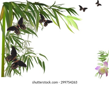 illustration with green bamboo corner and brown butterflies