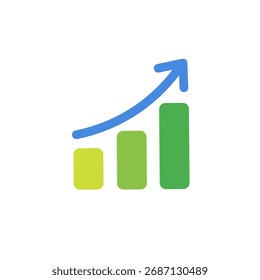 Ilustração de um gráfico de barras verde com uma seta azul subindo representando crescimento, melhoria, desenvolvimento de negócios, ícone de gráfico de barras 