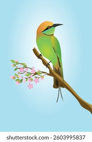 An illustration of a green bee eater. The bird is perched on a branch with some pink blossom.