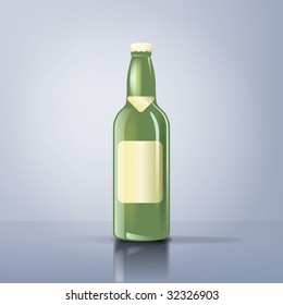 An illustration of a green beer bottle with label and reflexions