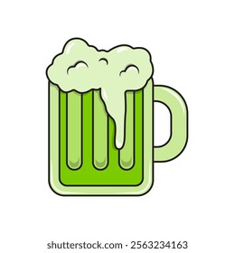 An illustration of a green beer mug filled with foam, often associated with St. Patrick's Day celebrations or festive drinks.