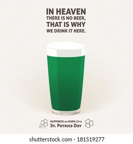 Illustration of a green beer for a St. Patrick Day with ireland toast phrase. Soft background with triangles pattern.