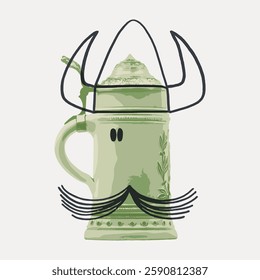 Illustration of a green beer stein with a whimsical face, featuring a mustache and horns. The beer stein is creatively transformed into a playful character. Vintage illustration isolated, vector.