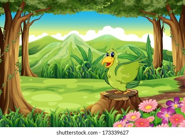 Illustration of a green bird above the stump at the forest