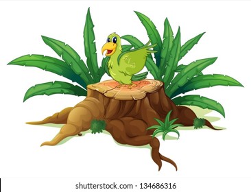 Illustration of a green bird above a trunk on a white background