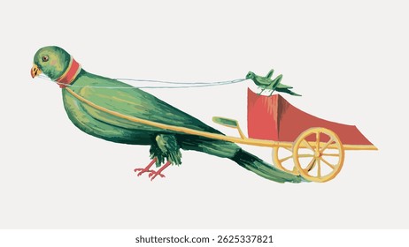 Illustration of a green bird pulling a small red cart. The bird, cart, and vibrant colors create a whimsical, artistic scene. Bird and cart in harmony. Animal illustration vector.