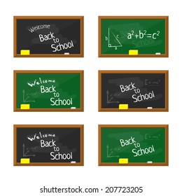 Illustration of Green and black flat school board with wooden frame. Vector EPS10