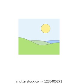 Illustration of green and blue fields and sun in blue sky in minimalist style