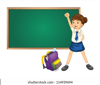 illustration of green board bag and student on white