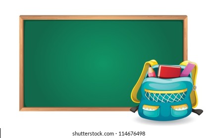 illustration of a green board and school bag on white background
