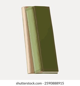 Illustration of a green book with a beige spine, standing upright. Simple, minimalist design of a book. Green book illustration with beige accents. Vintage illustration isolated on white, vector.