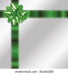 An illustration of a green bow and ribbon on a silver Christmas background. Vector EPS 10 file contains transparencies and gradient mesh.