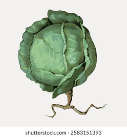 Illustration of a green cabbage with roots. The cabbage is detailed, showing leafy texture. Cabbage stands alone, emphasizing its round shape and earthy roots. Vintage vegetable illustration vector.