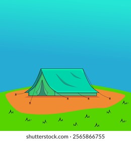 Illustration of a green camping tent pitched on an orange patch of ground surrounded by grassy fields under a bright blue sky. The tent is secured with ropes and stakes, symbolizing outdoor adventure.